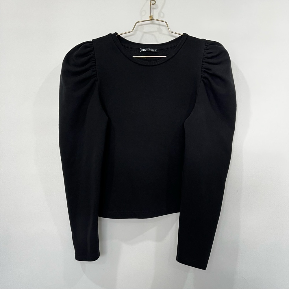 Zara Size Medium Balloon Sleeve Sweatshirt Fleece Lined Semi Cropped